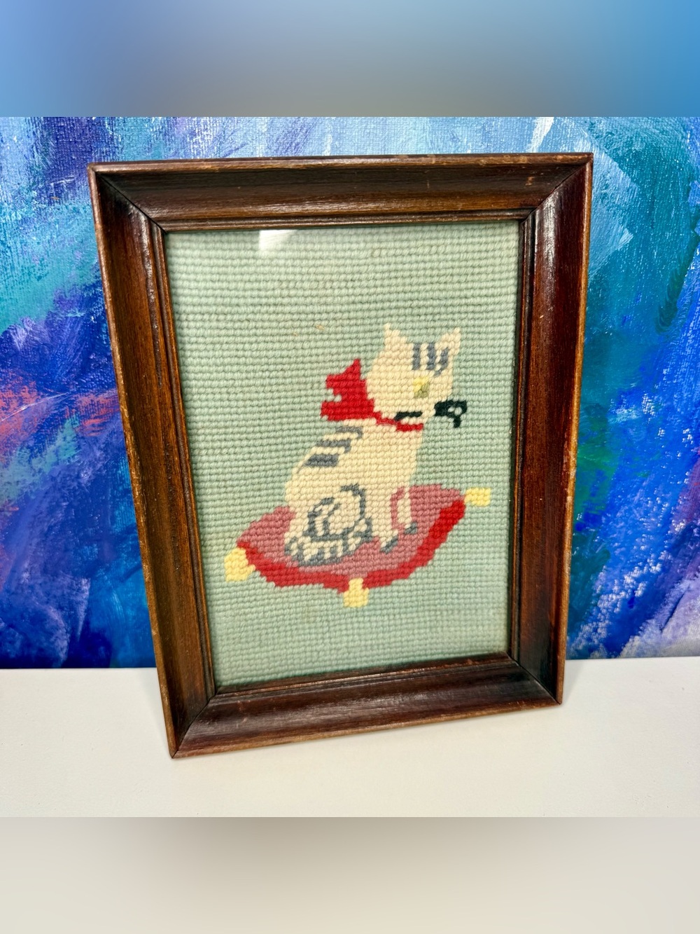 Cat Needlepoint Wall Art Cross Stitch Vintage Framed Cottagecore Needlework